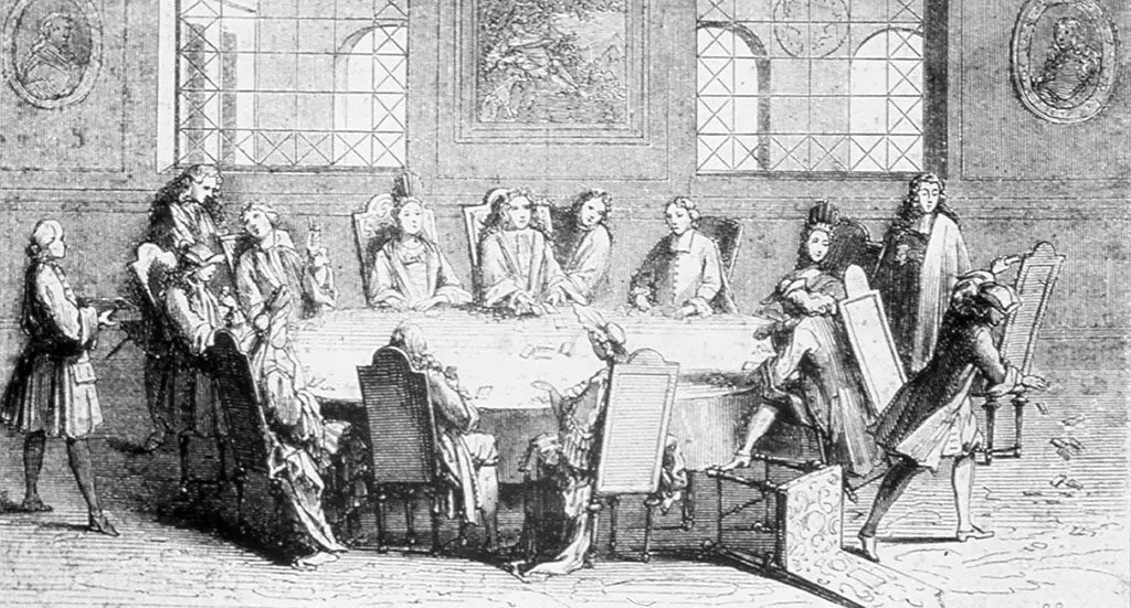 Black and white drawing of people playing baccarat