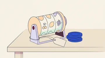 A slot reel beside a price tag on a string and a short stack of cobalt chips