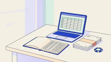 Ledger, bank statements and a poker chip on a desk