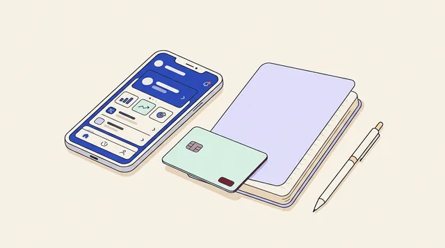 Smartphone banking app beside a debit card and notebook