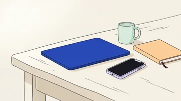 Closed laptop and phone face down on a desk in morning light