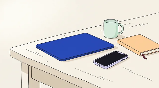 Closed laptop and phone face down on a desk in morning light