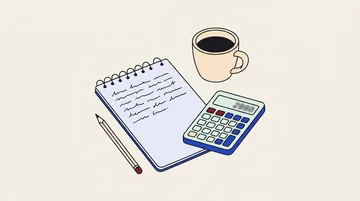 Notebook, pencil and calculator on a wooden table in daylight