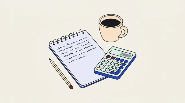 Notebook, pencil and calculator on a wooden table in daylight